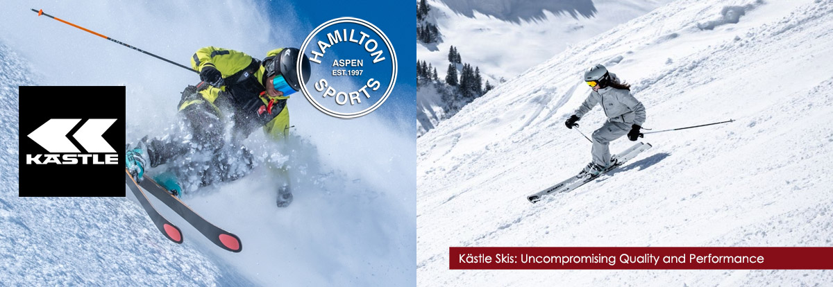 Man and woman skiing on Kastle ski demos in Aspen, Colorado