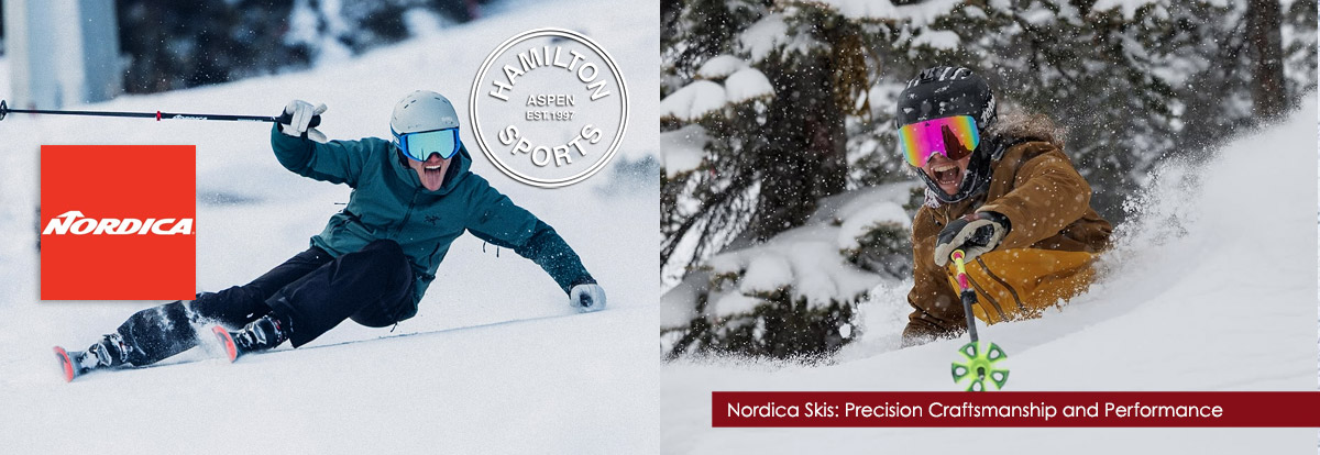 Man and woman skiing on Nordica Aspen ski rental