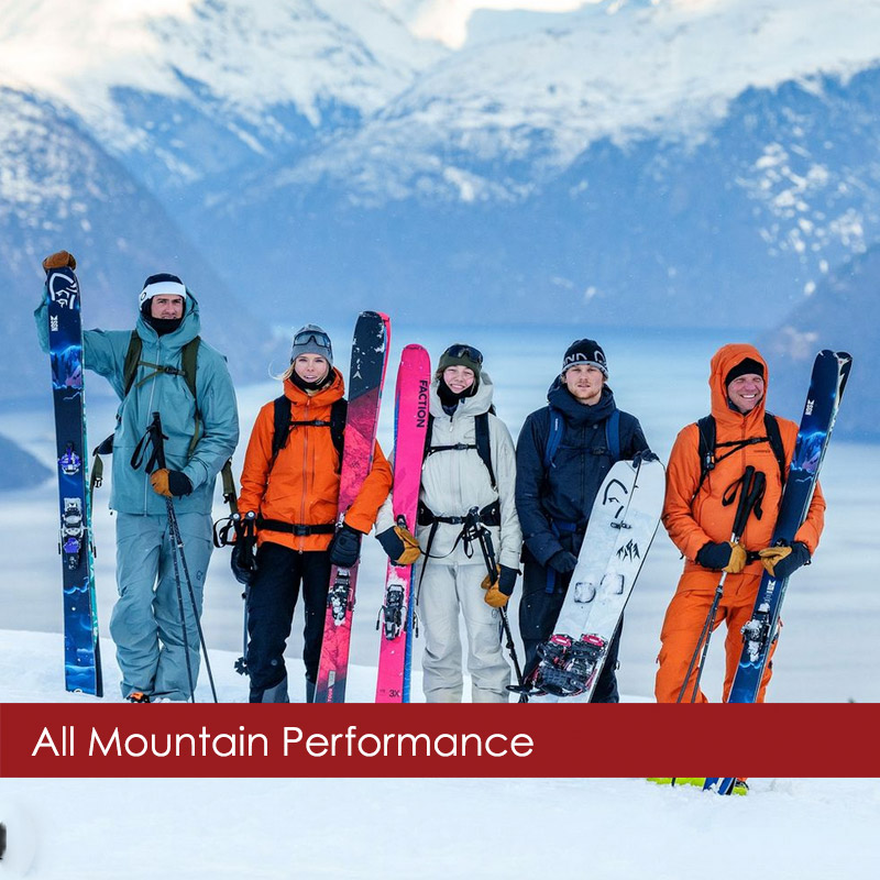 Performance-Ski-Wear-Brands Group of skiers wearing performance ski wear in the mountains