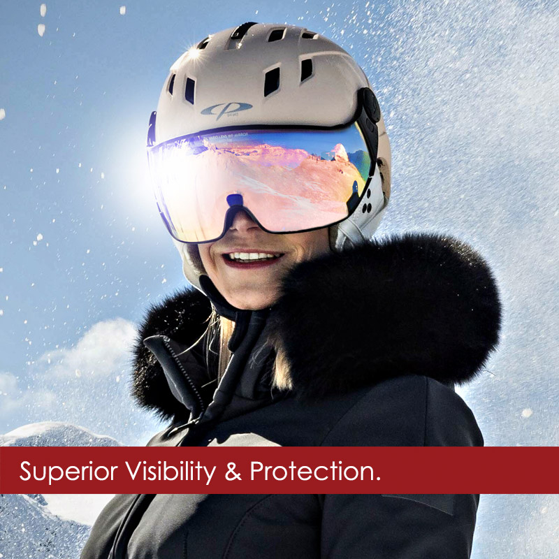 Woman wearing a visor ski helmet