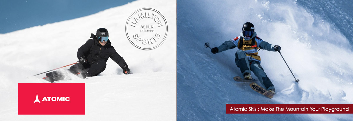 two people skiing on Atomic rental skis at Aspen Snowmass