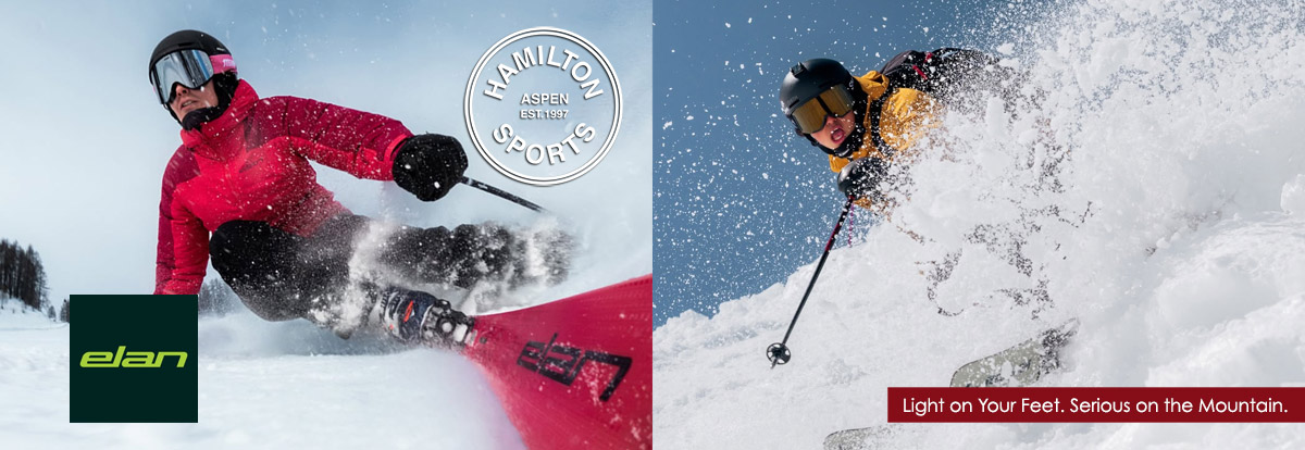 skiers on Elan skis, one in powder and the other carving a groomed ski slope