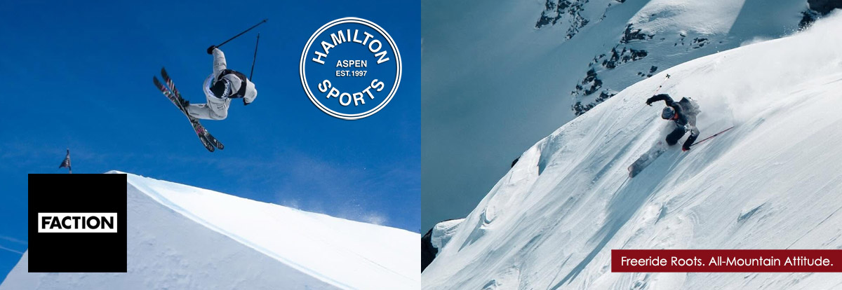 skier launching a big air on Faction skis and one freeriding big mountain terrain on Faction skis